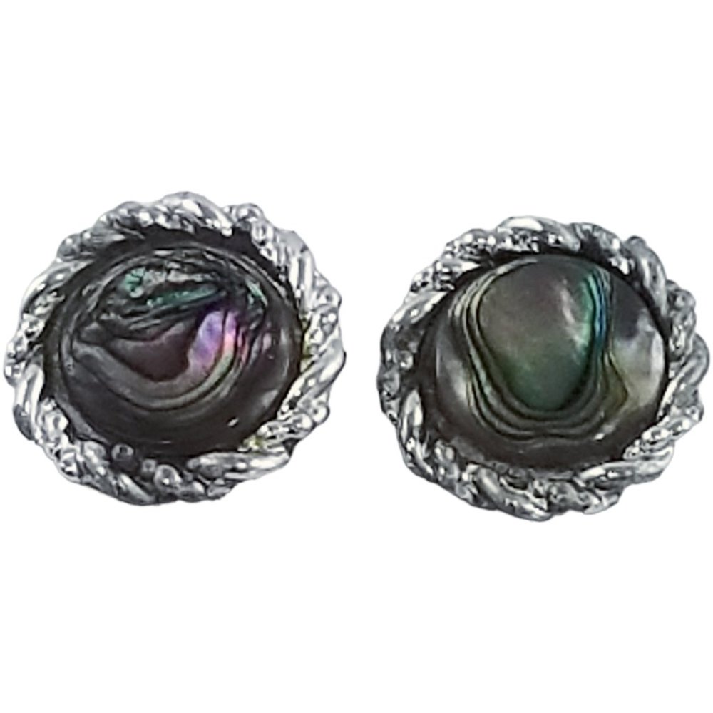 Vintage Abalone Shell Clip On Earrings Silver Tone Round Circle Post U13